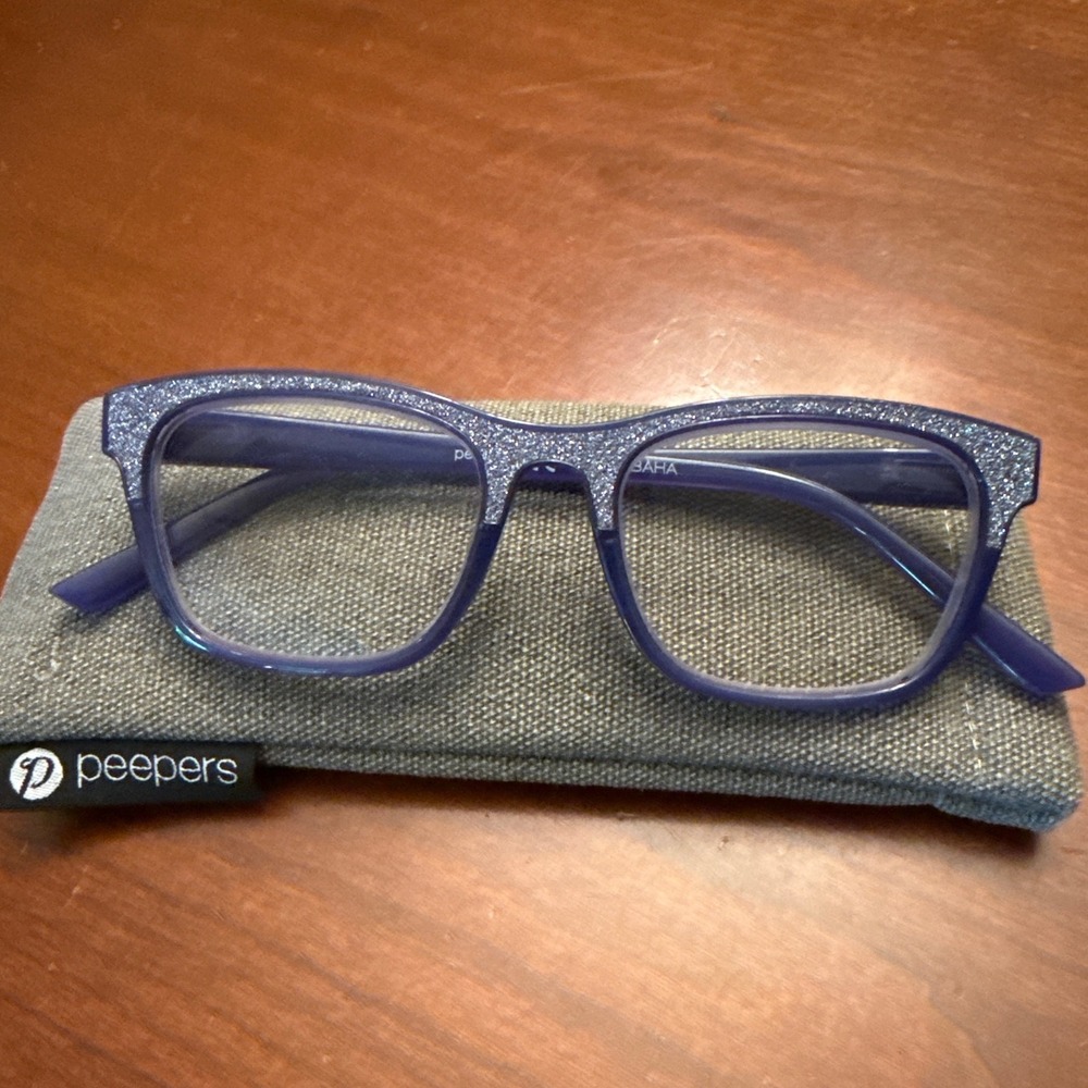 Peepers +1.25 reading glasses Foxy Mama blue glitter sparkle with case EUC